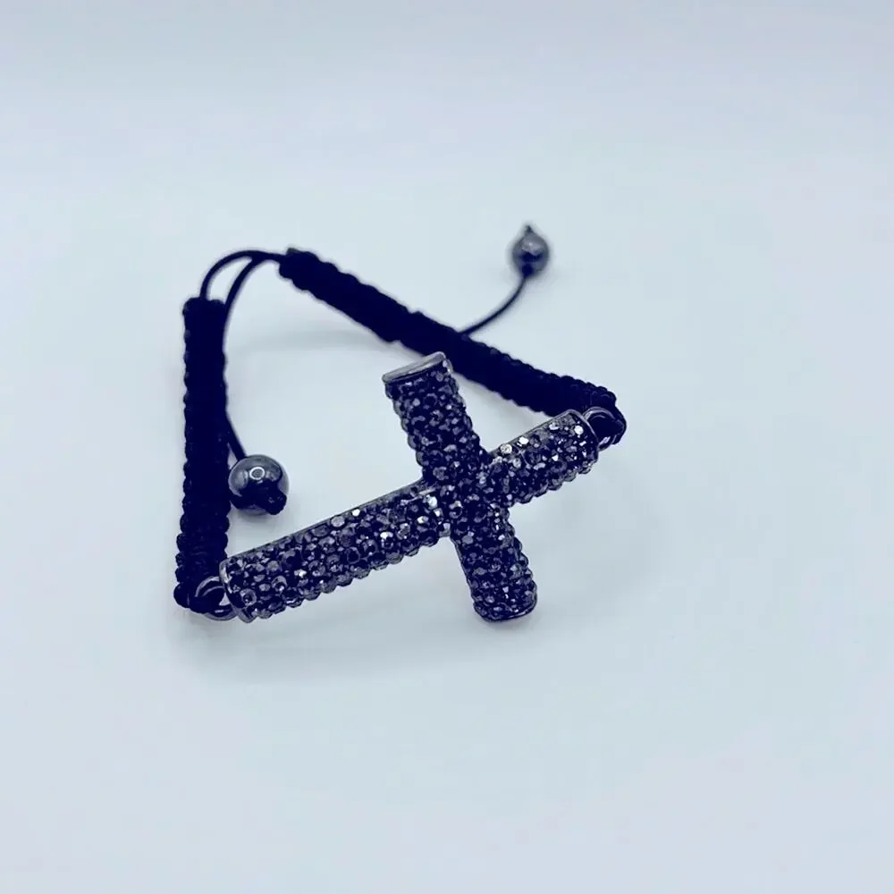 Vintage Rhinestone Religious Sideways Cross Adjustable Bracelet